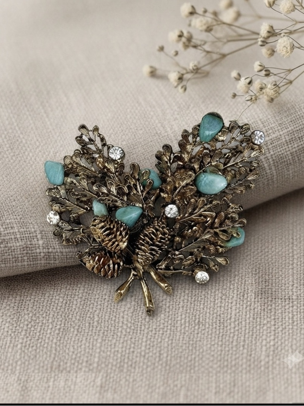 Vintage Naturalistic Bronze Pine Cone & Leaf Brooch with Amazonite & Crystals